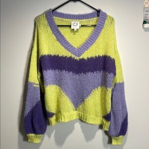Lili Sidonio Purple and Yellow V-Neck Sweater with Chunky Knit